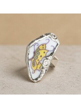 Whimsical Butterfly Broken China Ring - Vintage Spoon Bowl Band - Adjustable
